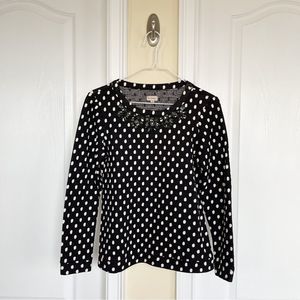 Cremieux XS Black White Pokadot Jeweled Neckline Long Sleeve Top
